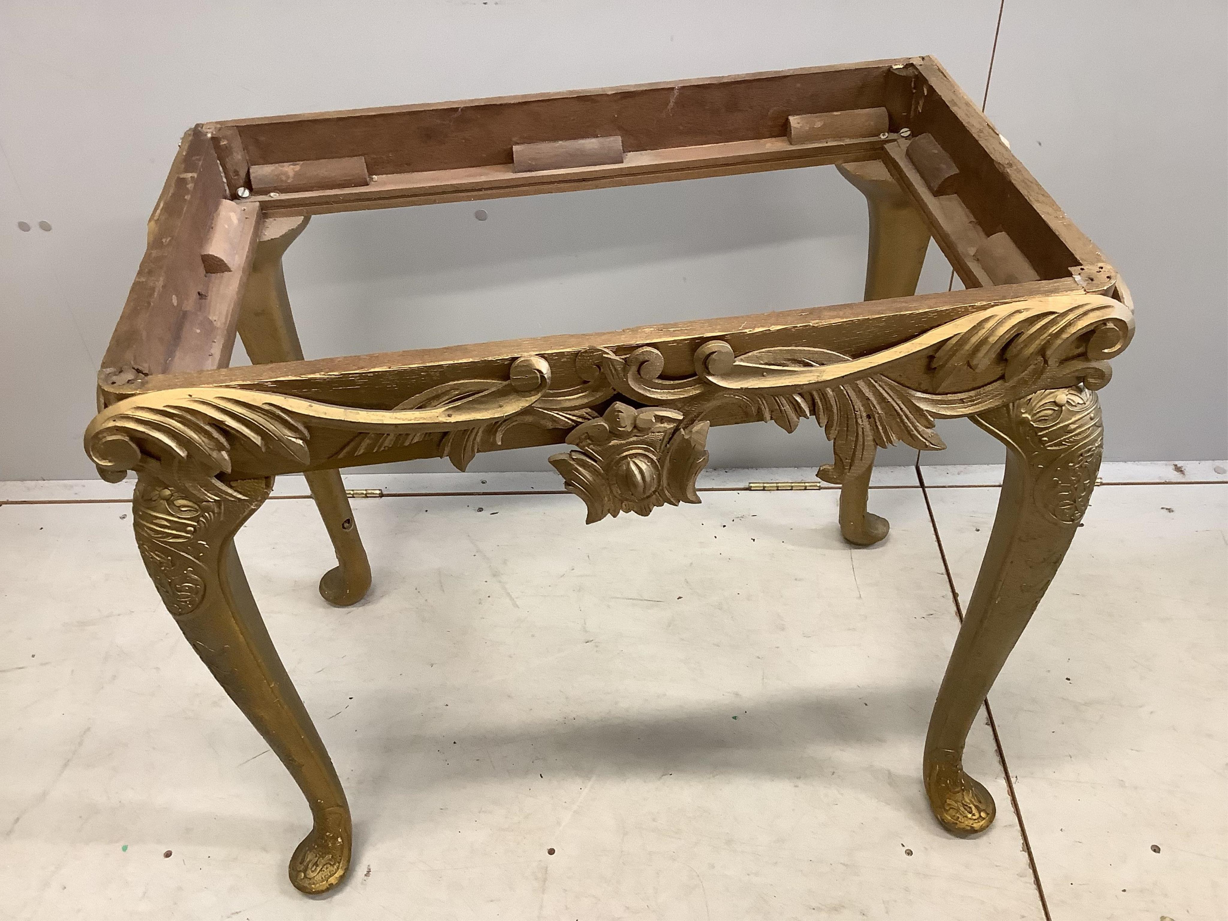 A George I style carved giltwood console table with associated marble top, width 92cm, depth 48cm, height 71cm. Condition - poor to fair